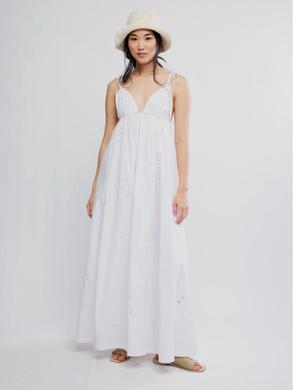 Free People White Eyelet Maxi Dress with Tie Straps